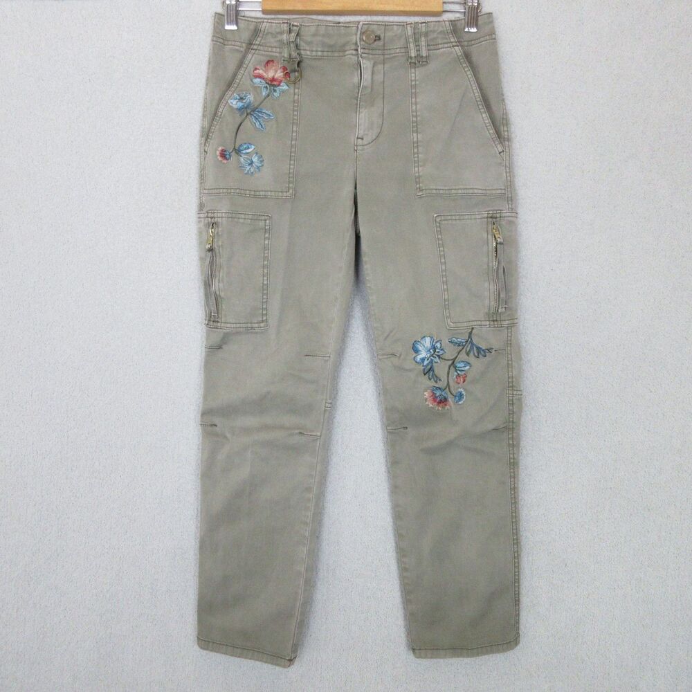 White House Black Market Cargo Pants Womens 4 Slim Crop Floral Embroidered